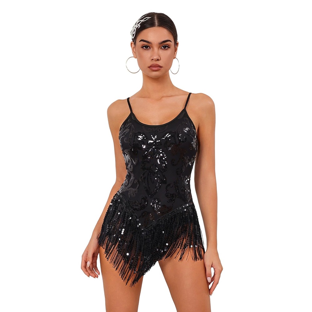 NWT Womens Black Sequin Fringe Bodysuit Tassel Latin Dance Romper Dress XS